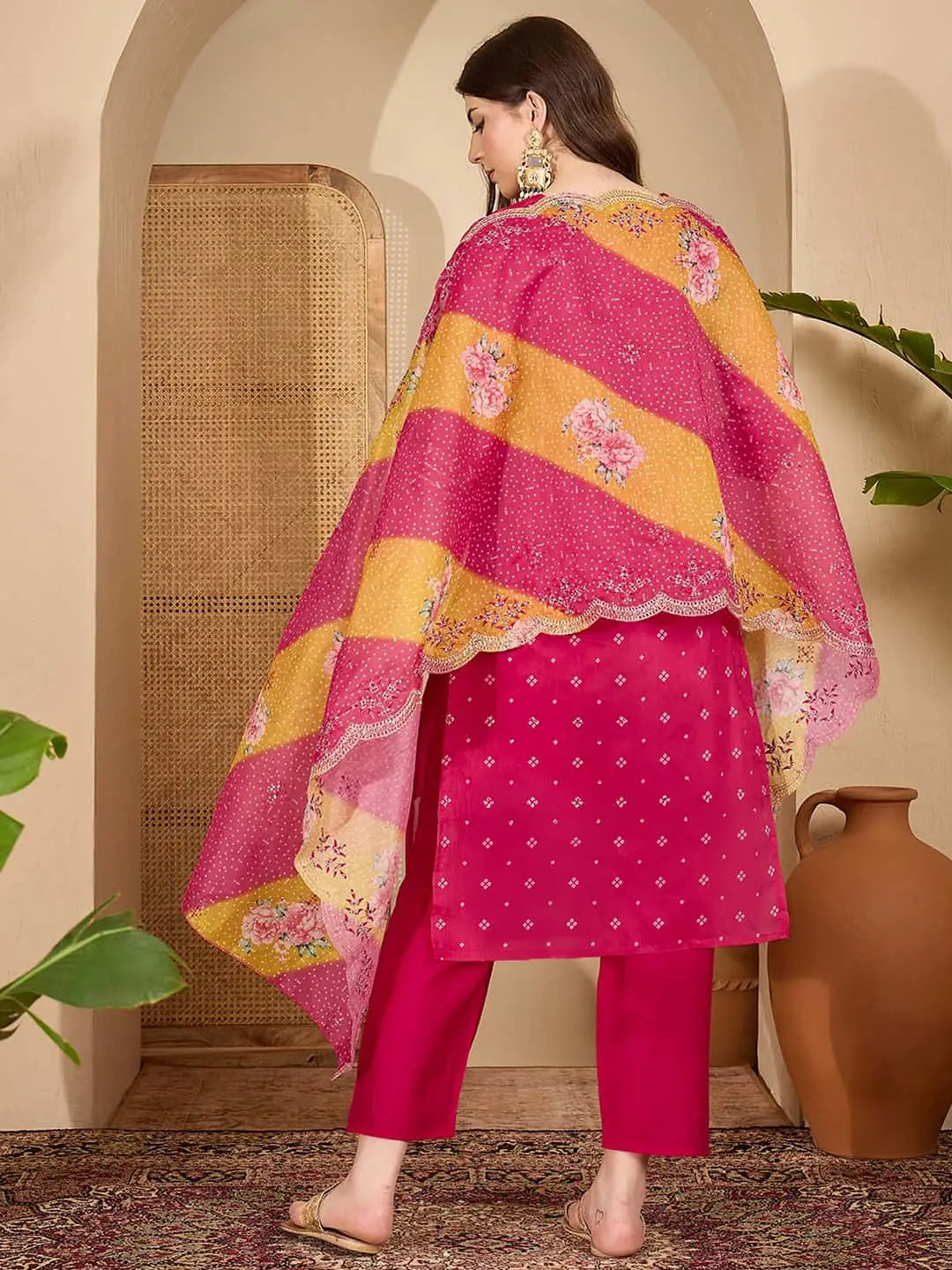 Pink Silk Bandhani Printed Straight Kurta Set with Pant & Dupatta under 1299