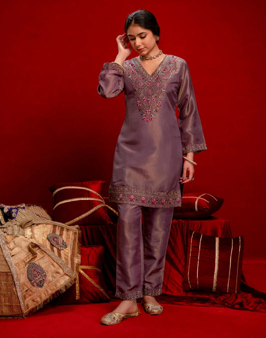 Shimmer Embroidered V-Neck Co-ords Set
