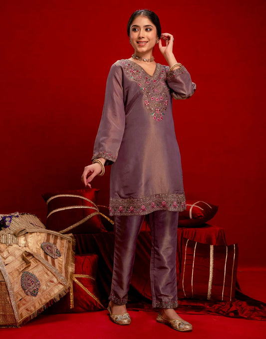 Shimmer Embroidered V-Neck Co-ords Set