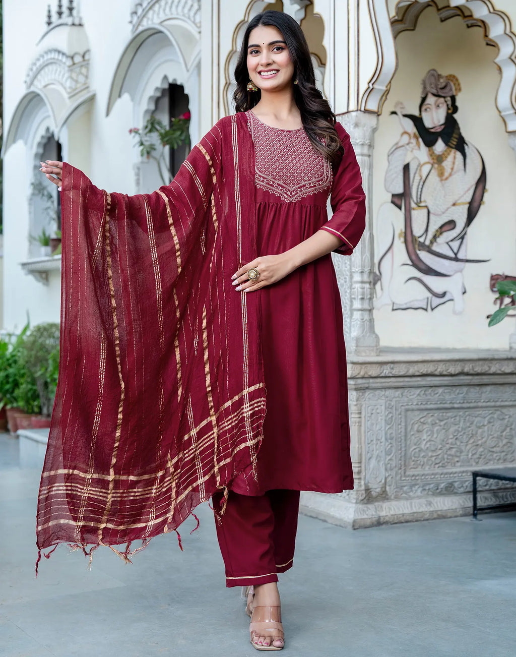 Rayon blend Embroidered A-Line 3 Piece Kurta Set