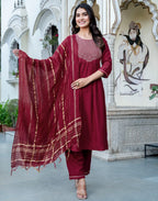 Rayon blend Embroidered A-Line 3 Piece Kurta Set