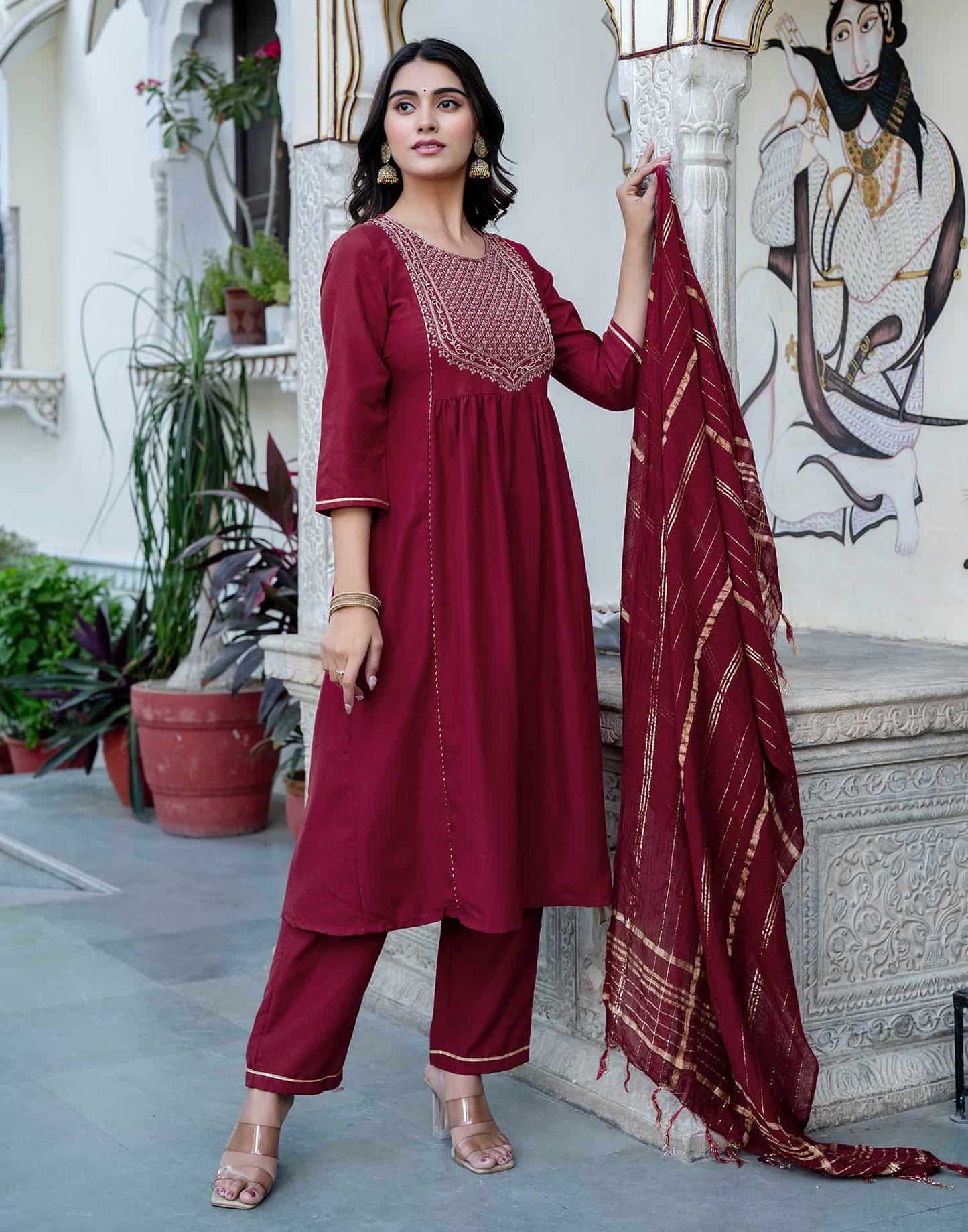 Rayon Blend Embroidered Anarkali Kurta with Pant & Dupatta