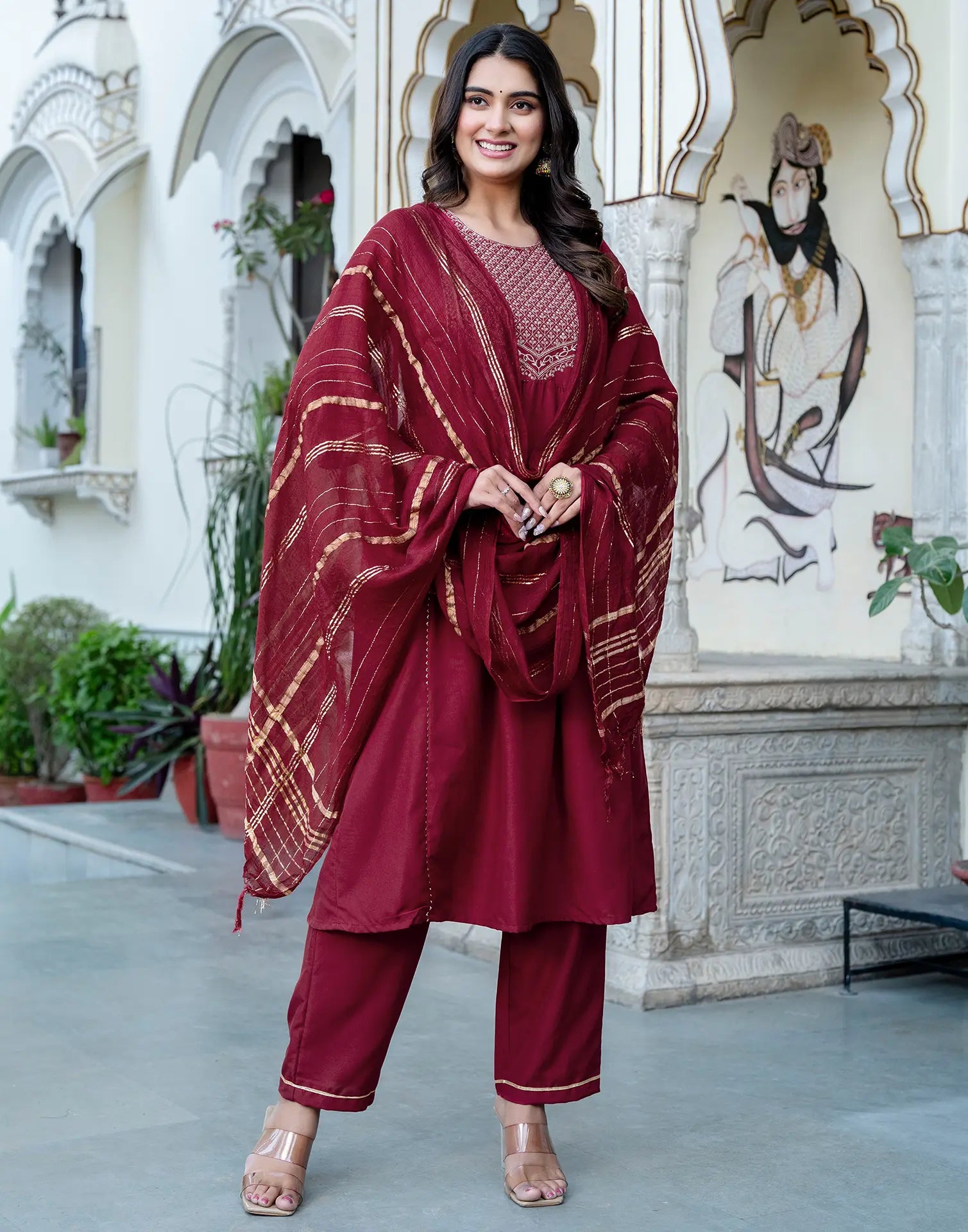 Rayon blend Embroidered A-Line 3 Piece Kurta Set