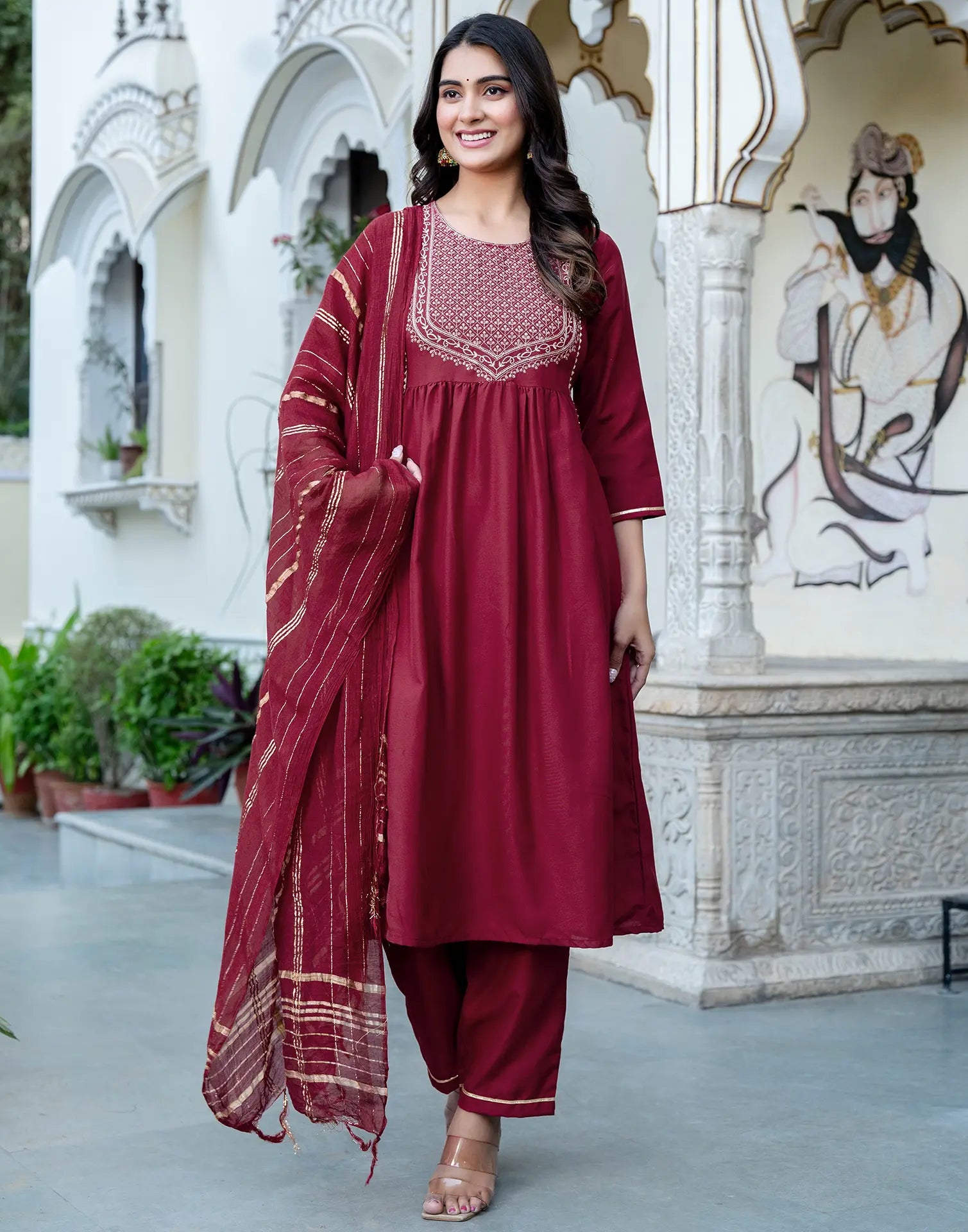 Rayon blend Embroidered A-Line 3 Piece Kurta Set