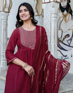 Rayon blend Embroidered A-Line 3 Piece Kurta Set