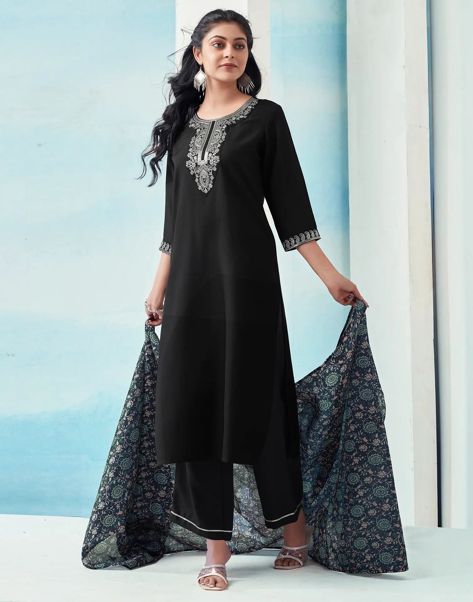 Rayon Embroidered Straight 3 Piece Kurta Set