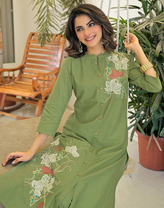 Olive Green Mandarin Band Neck Botanical Embroidered A-Line Co-ord Set