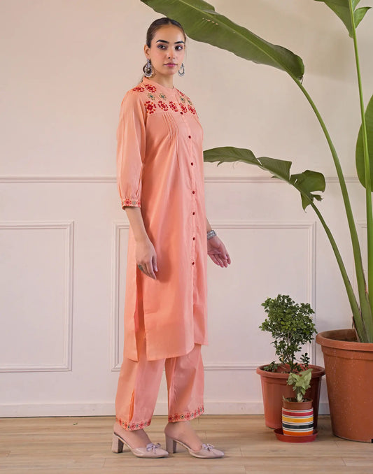 Pure Cotton Embroidered Mandarin Collar with Front Slit Co-ords Set