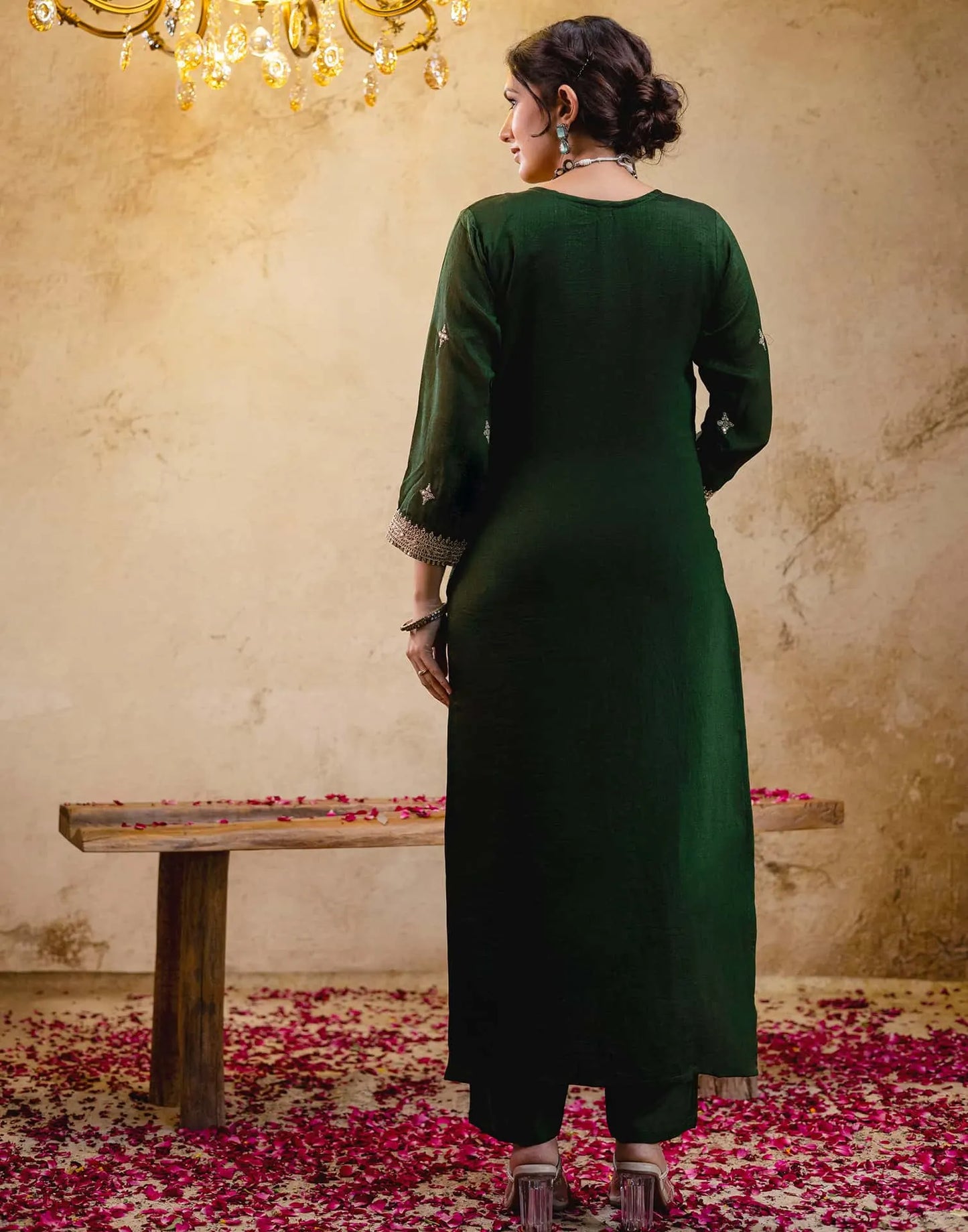 Silk Straight Embroidery Round Neck Kurta with Pant & Dupatta