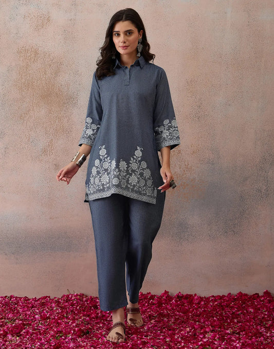 Dusty Denim Blue Collared Neck Weaving Straight Ethnic Co-ord Set
