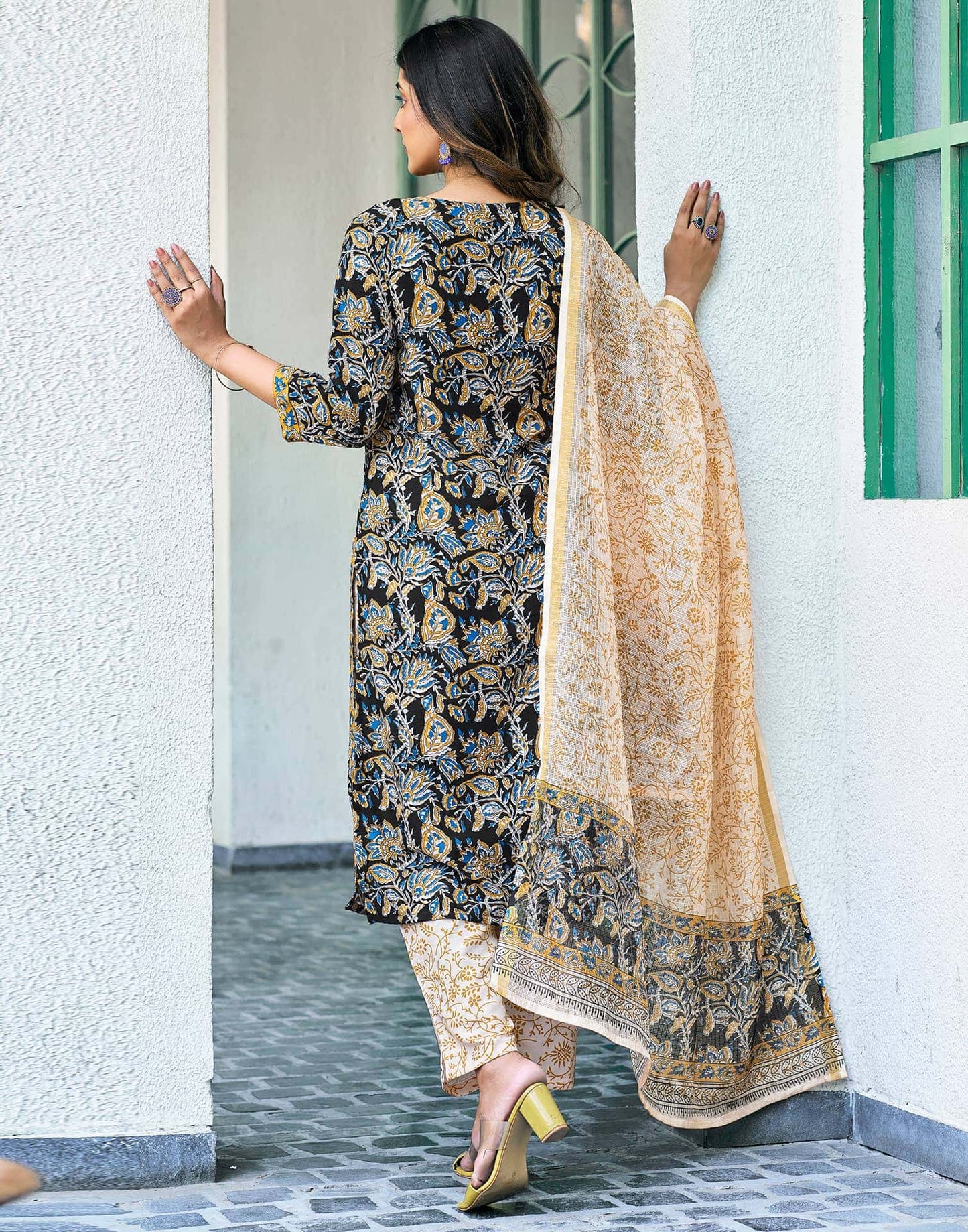 Rayon Floral Printed and Printed Fabric Lace Straight Kurta with Pant & Dupatta