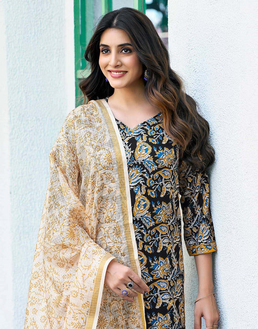 Rayon Floral Printed and Printed Fabric Lace Straight Kurta with Pant & Dupatta