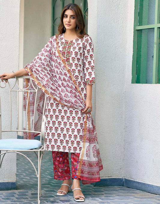 Rayon Floral Printed and Printed Fabric Lace Straight Kurta with Pant & Dupatta