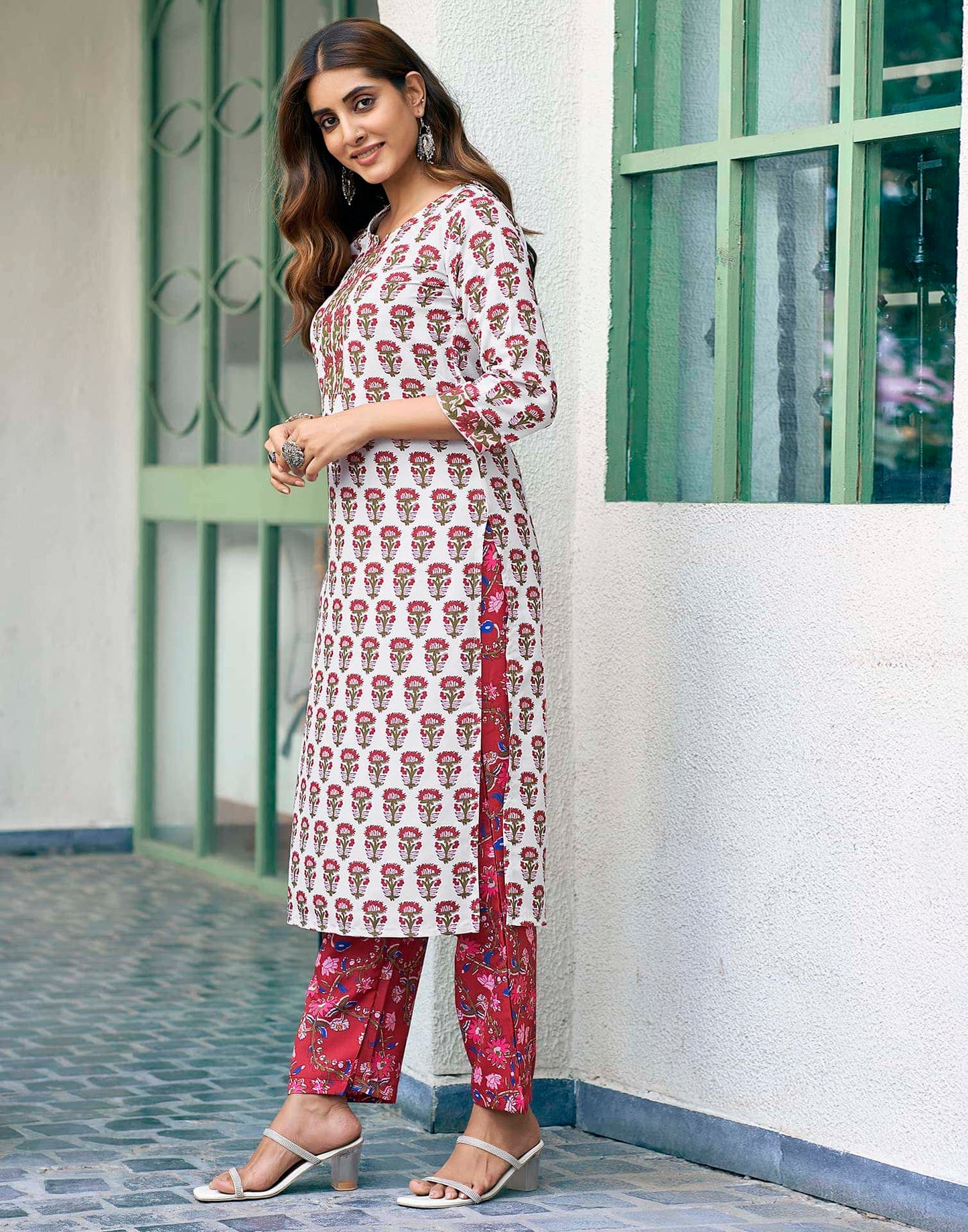 Rayon Floral Printed and Printed Fabric Lace Straight Kurta with Pant & Dupatta