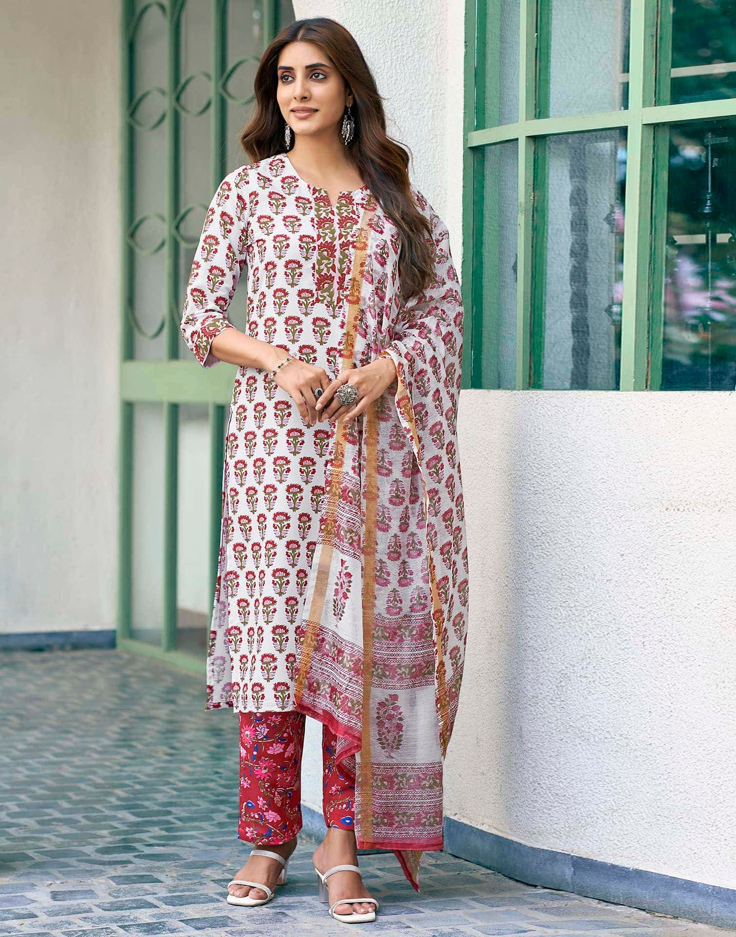 Rayon Floral Printed and Printed Fabric Lace Straight Kurta with Pant & Dupatta