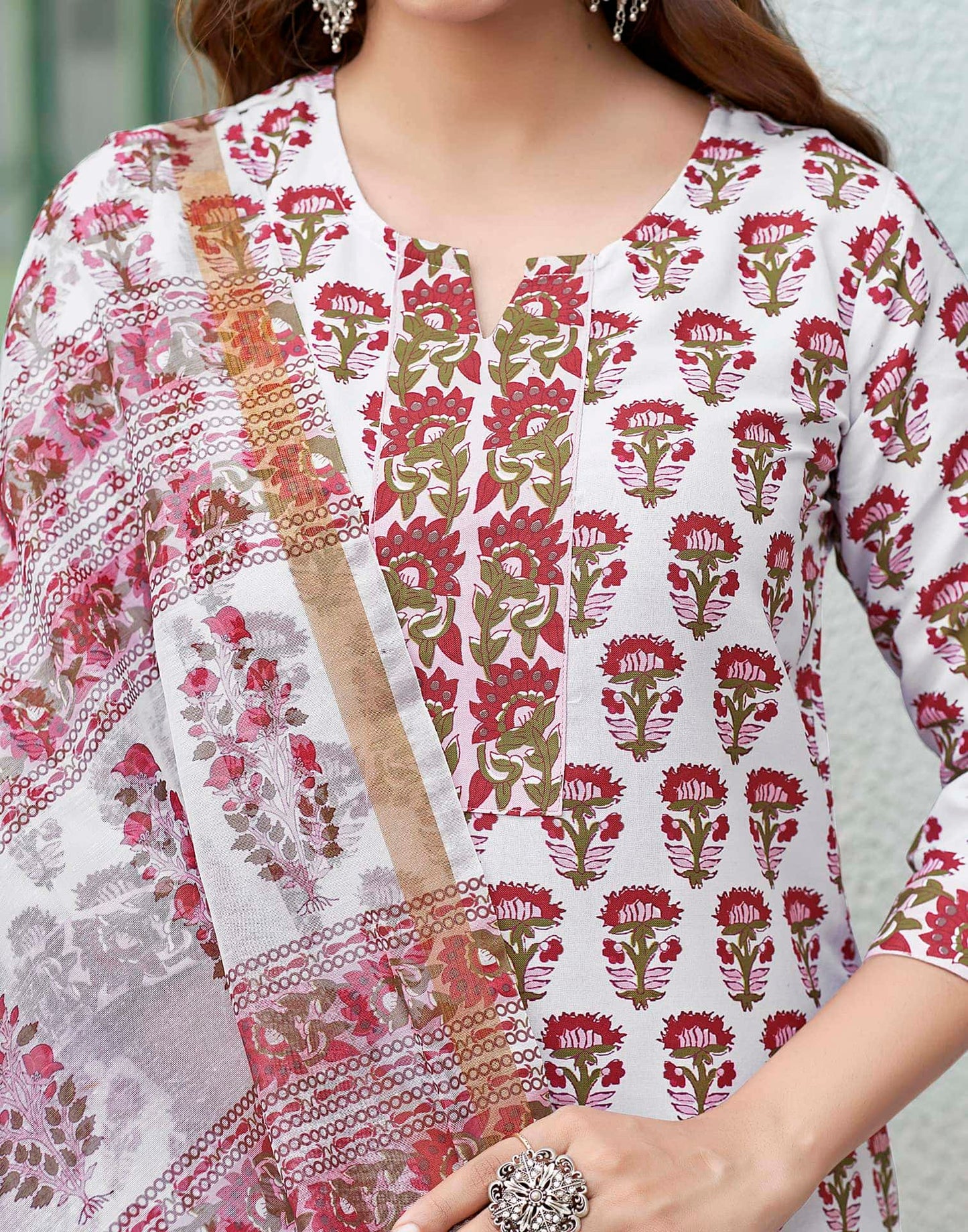 Rayon Floral Printed and Printed Fabric Lace Straight Kurta with Pant & Dupatta