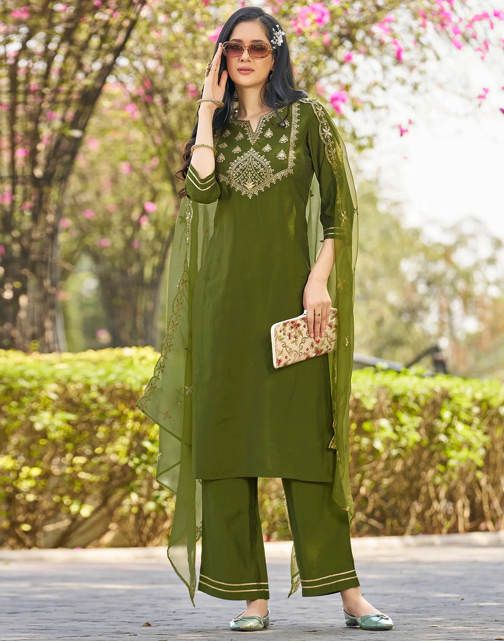 Silk Blend Embroidered Straight 3 Piece Kurta Set