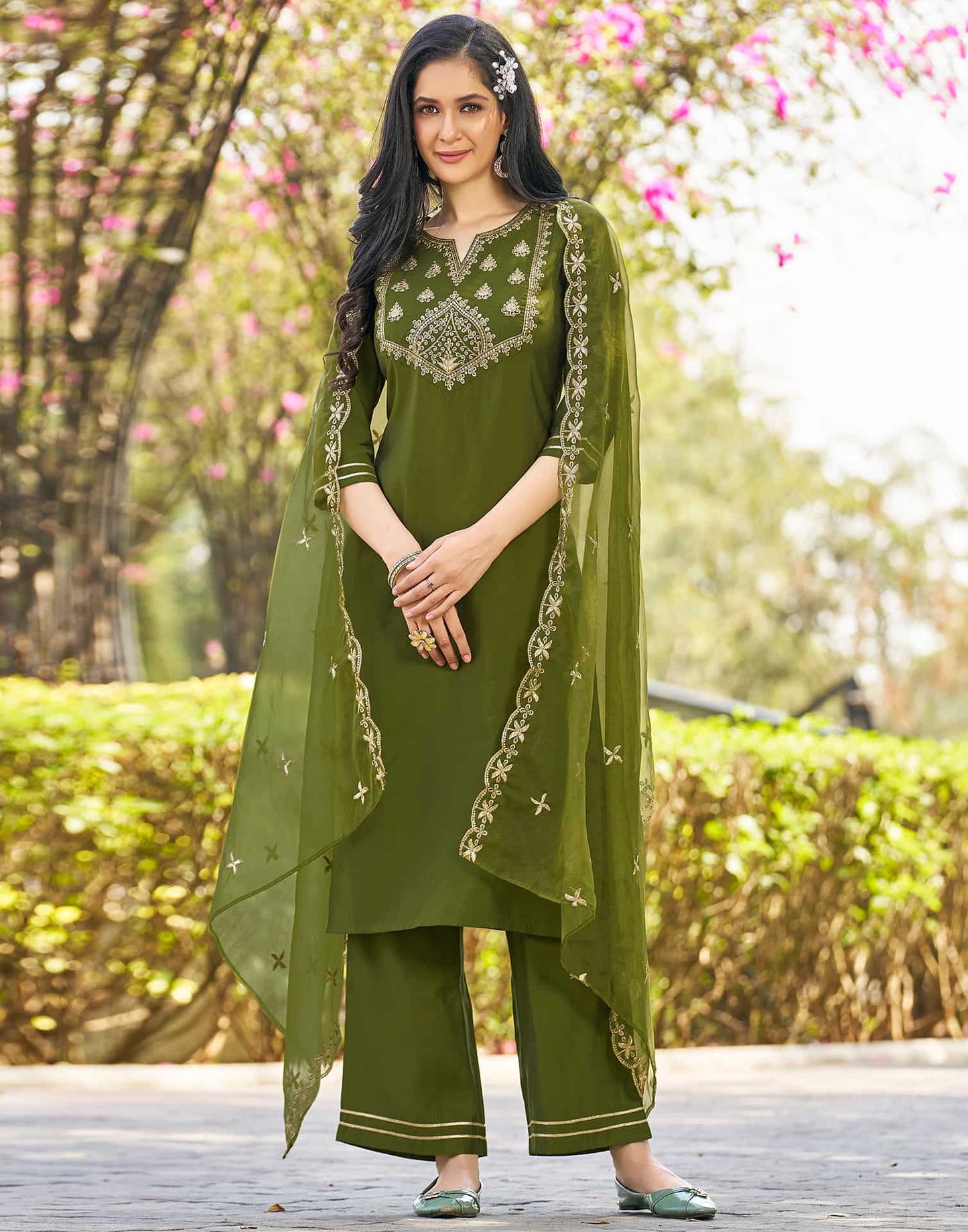 Silk Blend Sequence Embroidery Work and Lace A-Line Kurta with Pant & Dupatta