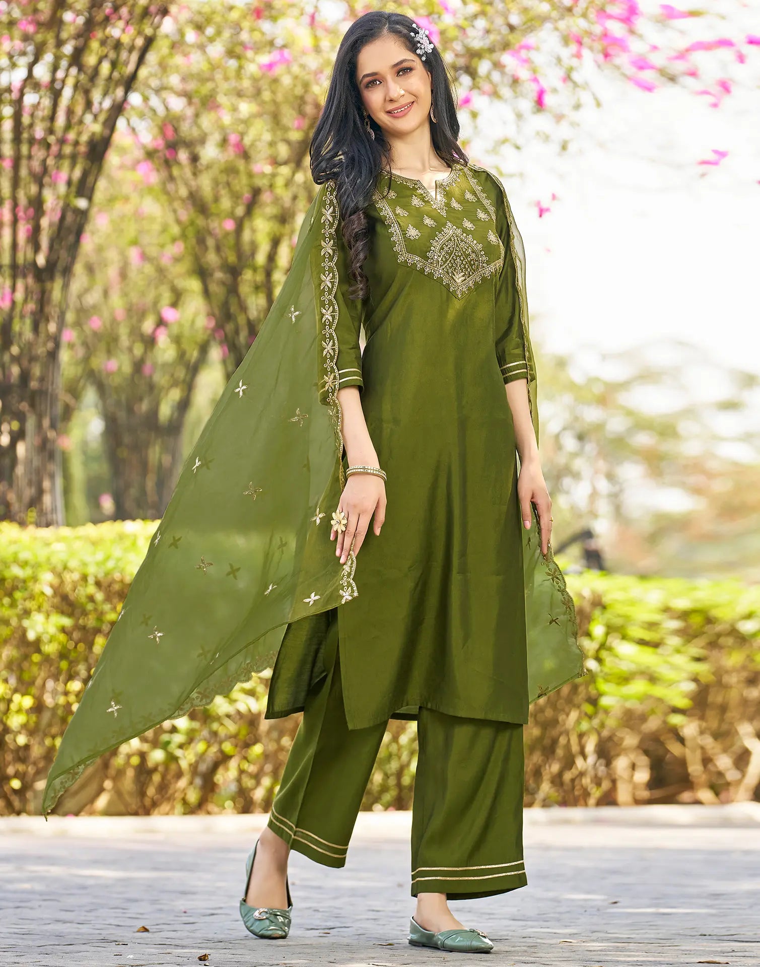 Silk Blend Embroidered Straight 3 Piece Kurta Set