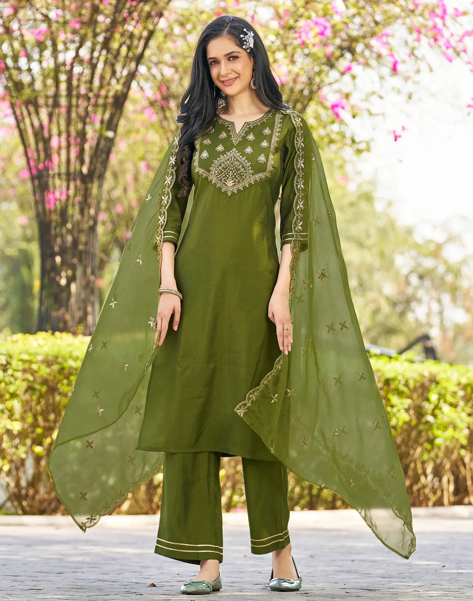 Silk Blend Embroidered Straight 3 Piece Kurta Set
