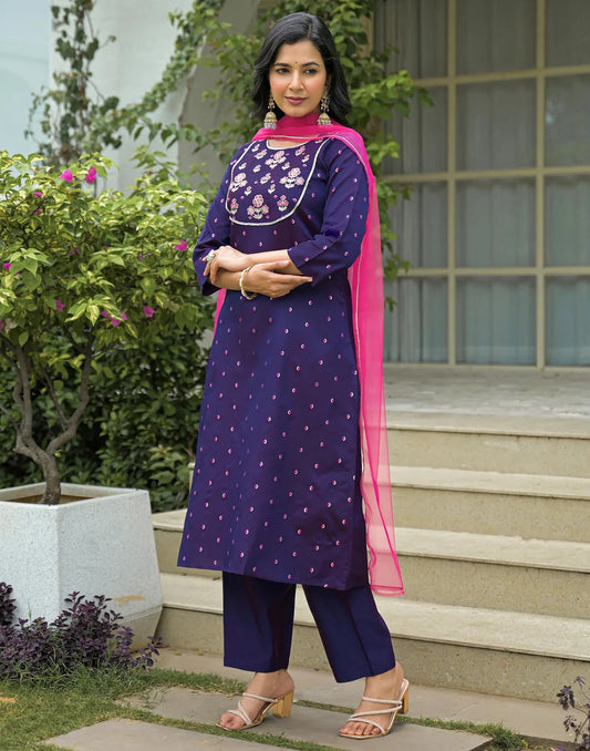 Silk Embroidered Round Neck Straight Kurta with Pant & Dupatta