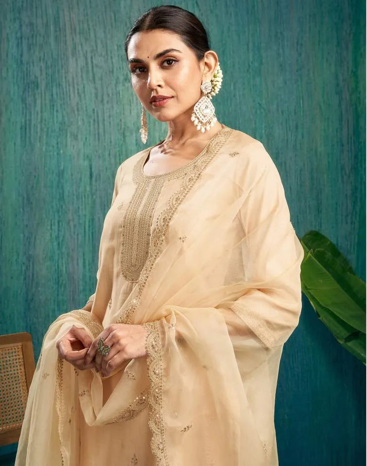 Skylee Beige silk sequence embroidered round neck kurta set with pant and dupatta