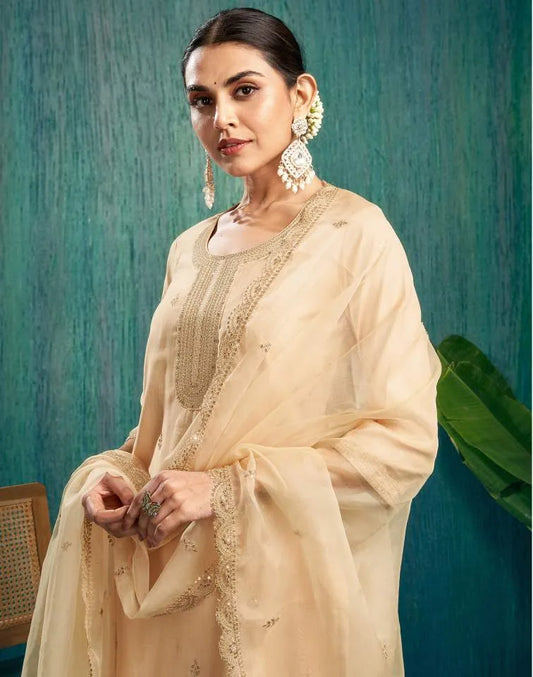 Skylee Beige silk sequence embroidered round neck kurta set with pant and dupatta