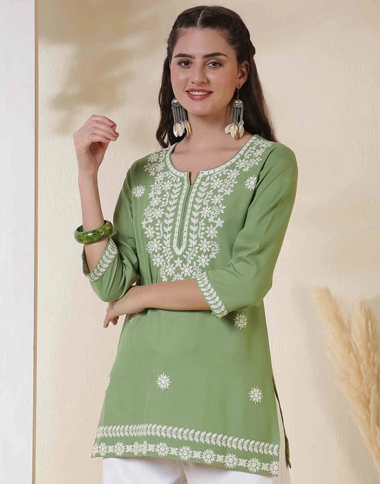 Rayon Chikankari Straight Round Neck Short Kurti