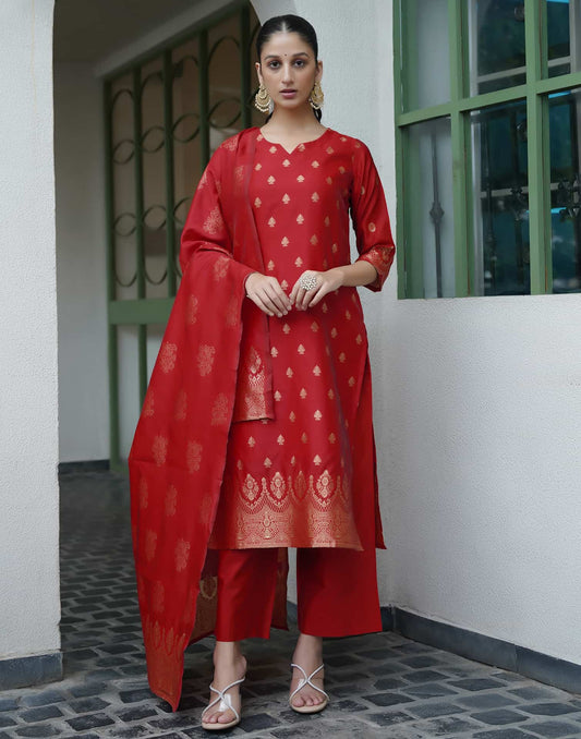 Silk Blend Jacquard Straight Kurta with Pant & Dupatta