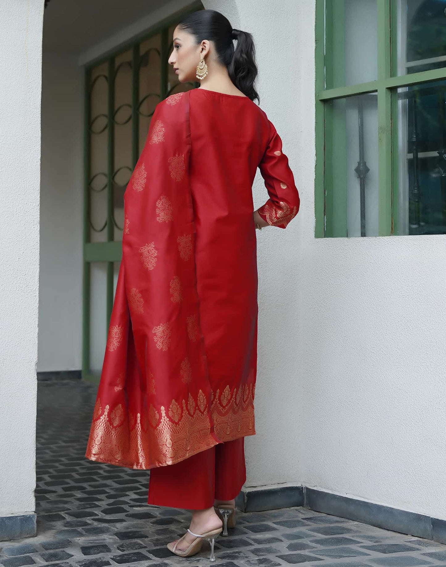 Silk Blend Jacquard Straight Kurta with Pant & Dupatta