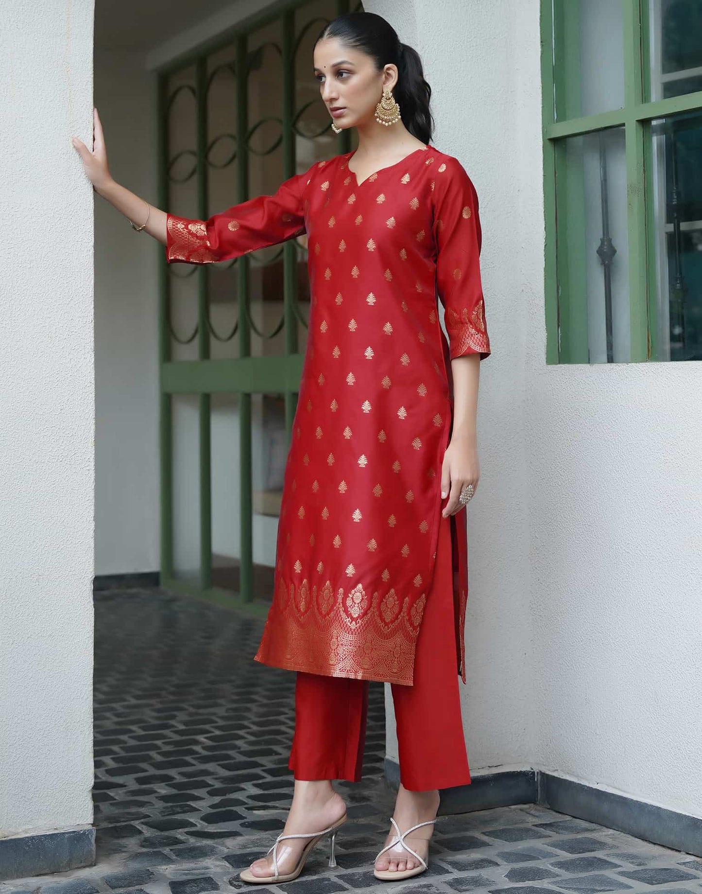 Silk Blend Jacquard Straight Kurta with Pant & Dupatta