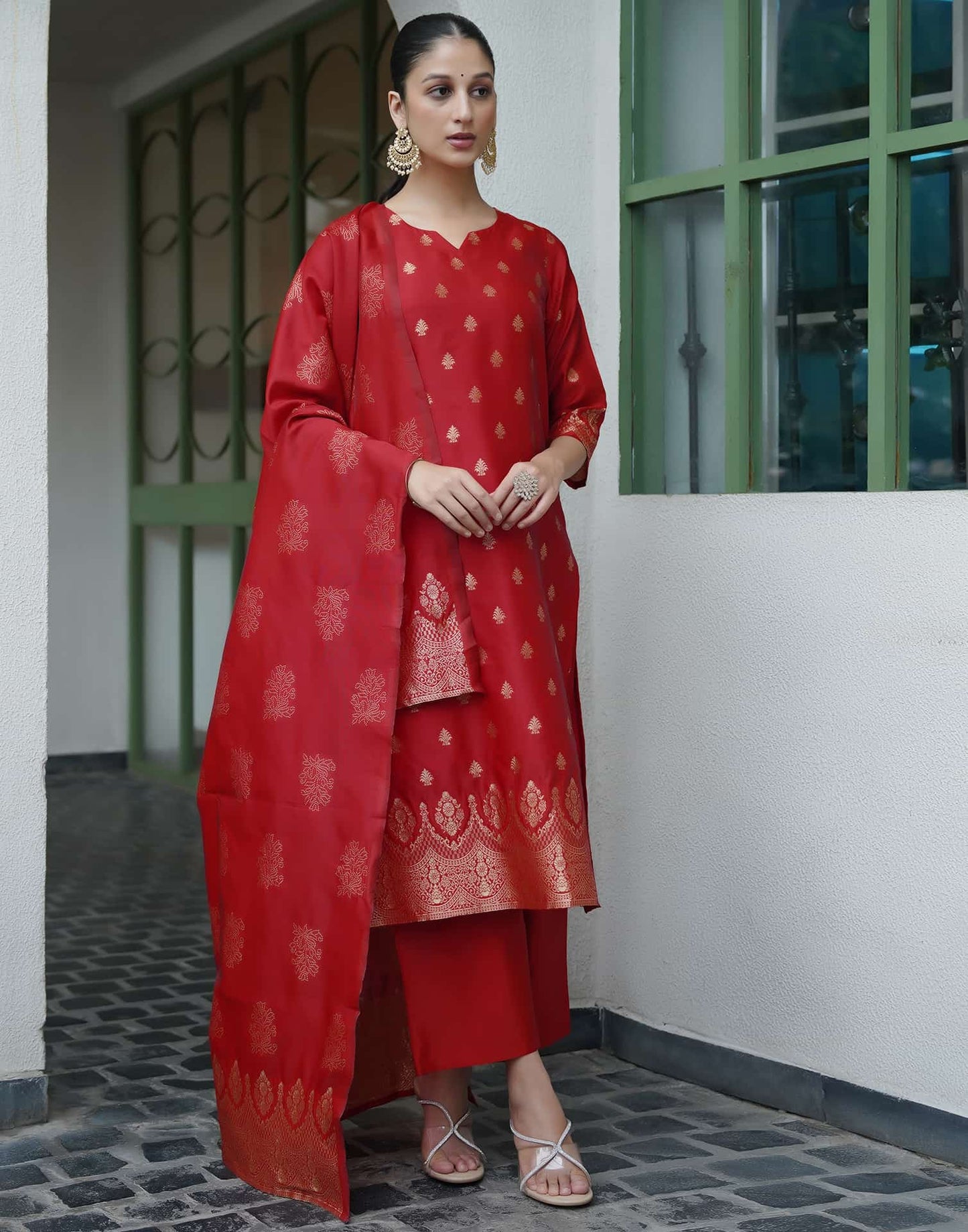 Silk Blend Jacquard Straight Kurta with Pant & Dupatta
