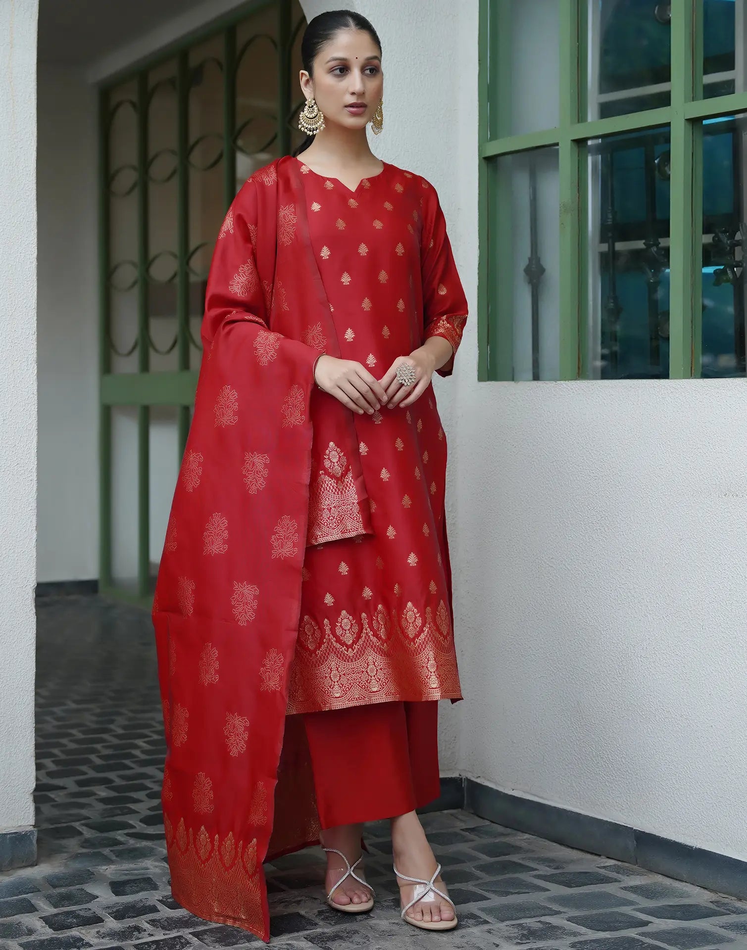 Silk Blend Woven Straight 3 Piece Kurta Set