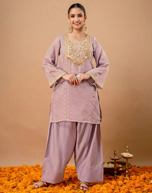 Lavender Lilac Round Neck Embellished Floral Embroidery Farshi Salwar Co-ords