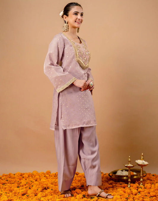 Lavender Lilac Round Neck Embellished Floral Embroidery Farshi Salwar Co-ords