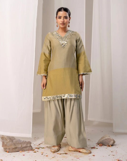 Shimmer Mirror Work Farshi Salwar V-Neck Co-ords Set