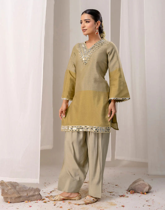 Shimmer Mirror Work Farshi Salwar V-Neck Co-ords Set