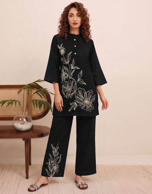 Viscose Rayon Embroidered Mandarin Collar Co-ords Set