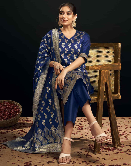 Silk Blend Woven Straight Kurta with Pant & Dupatta
