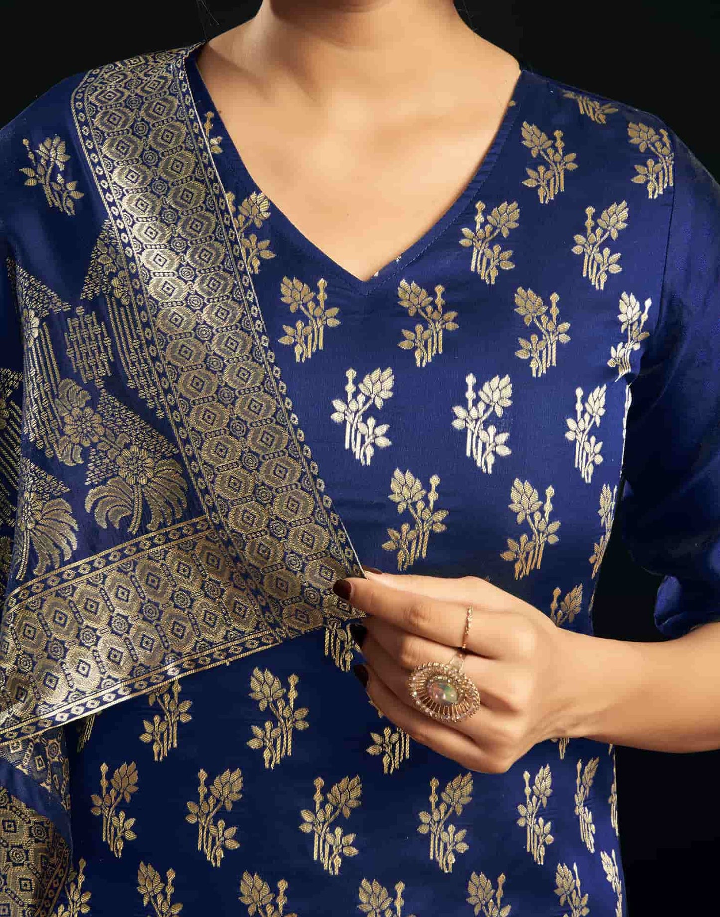 Silk Blend Woven Straight Kurta with Pant & Dupatta