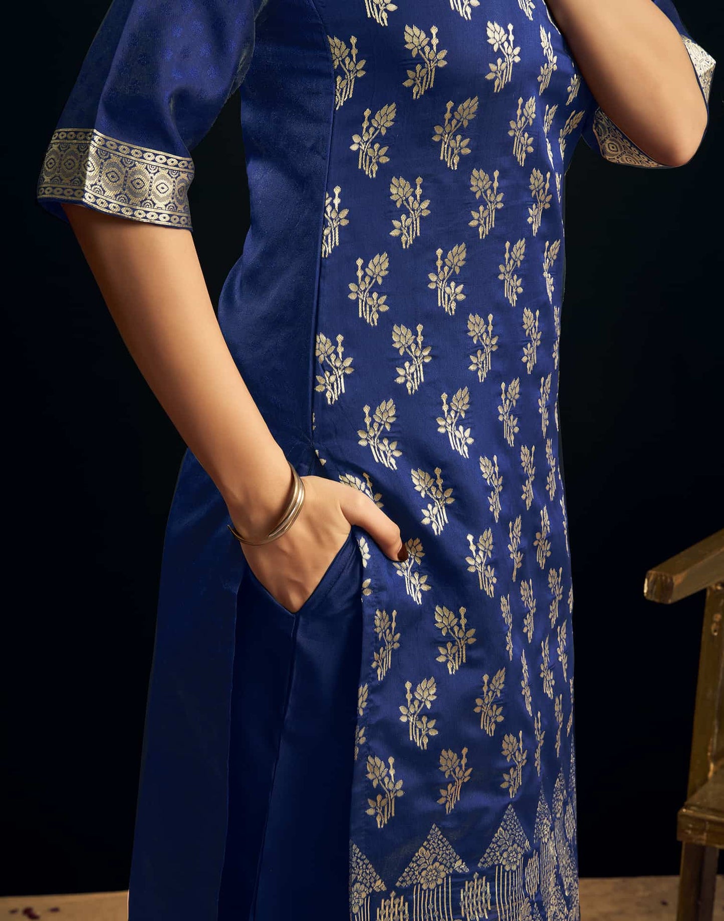 Silk Blend Woven Straight Kurta with Pant & Dupatta