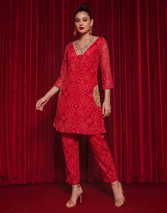 Georgette Bandhani V-Neck Co-ords Set