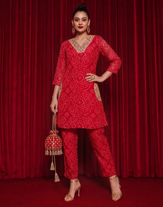 Georgette Bandhani V-Neck Co-ords Set