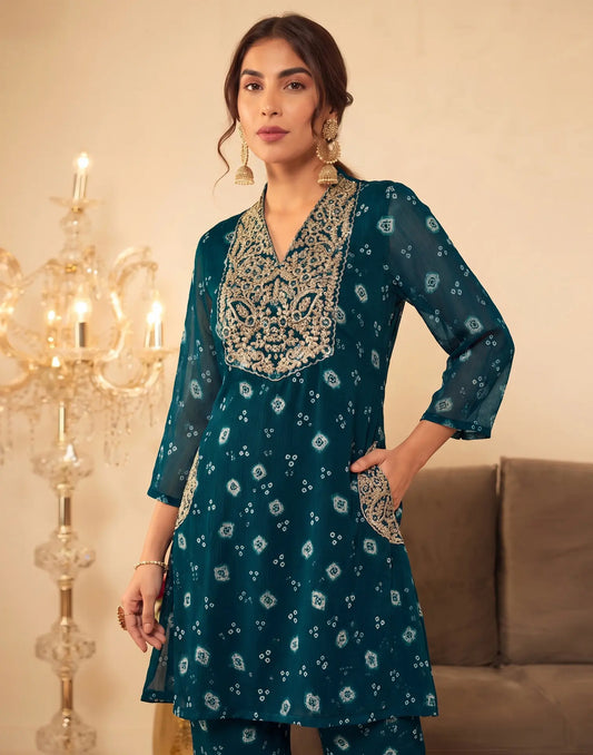 Georgette Bandhani V-Neck Co-ords Set