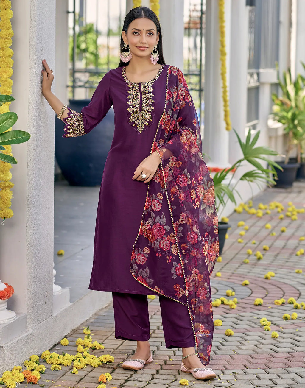 Poly Chinnon Embroidered Straight 3 Piece Kurta Set