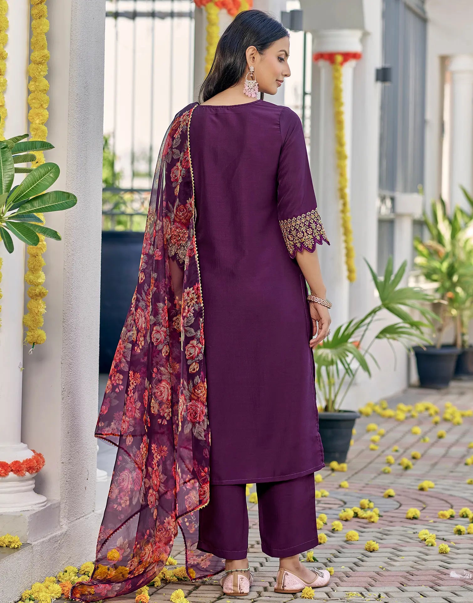 Poly Chinnon Embroidered Straight 3 Piece Kurta Set