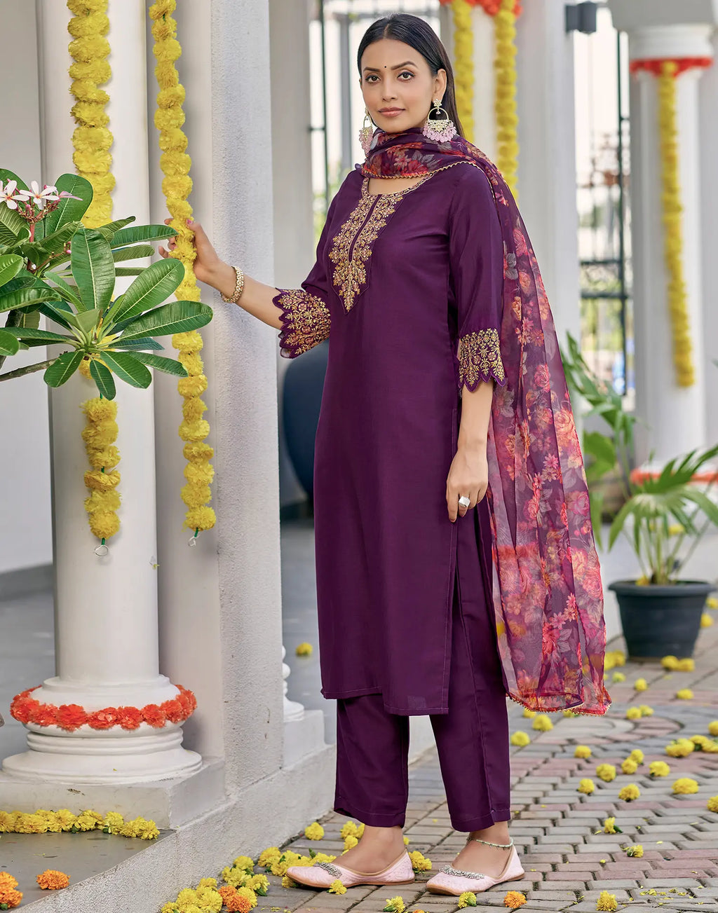 Poly Chinnon Embroidered Straight 3 Piece Kurta Set