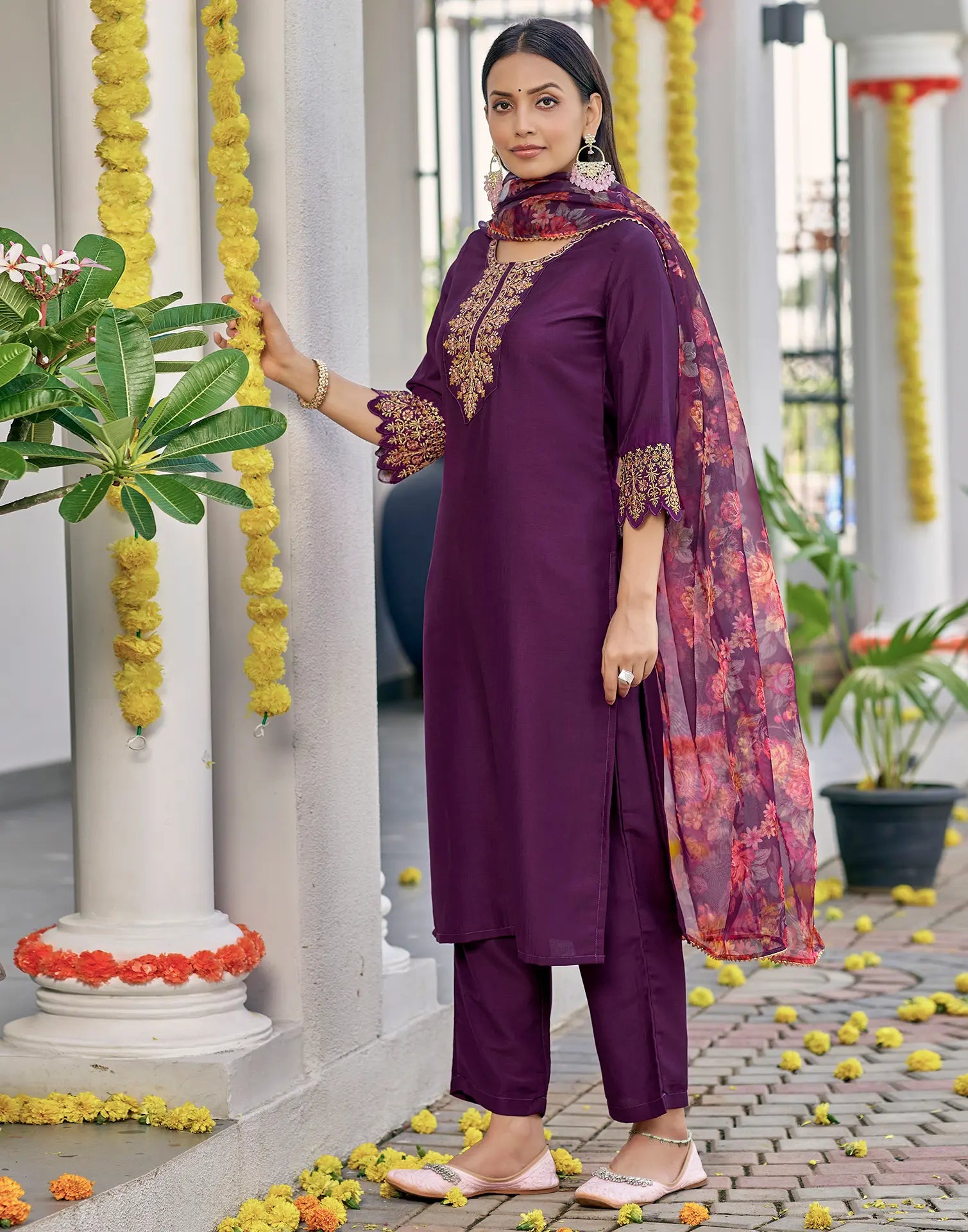 Poly Chinnon Embroidered Straight 3 Piece Kurta Set