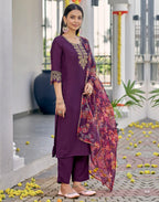 Poly Chinnon Embroidered Straight 3 Piece Kurta Set