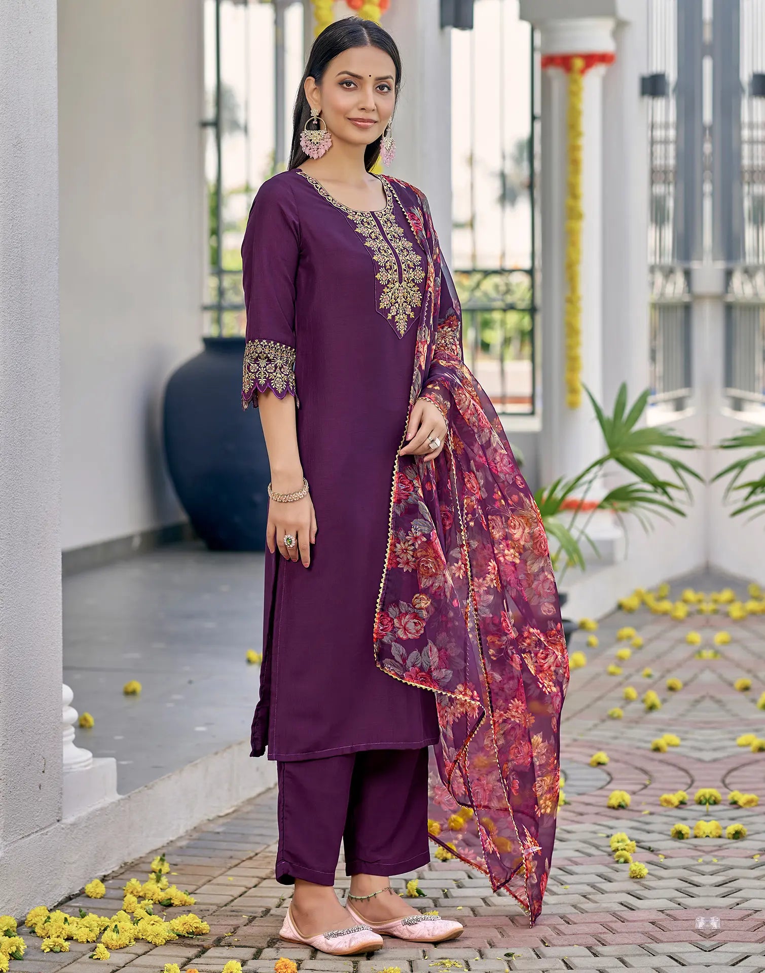 Poly Chinnon Embroidered Straight 3 Piece Kurta Set